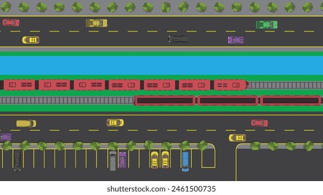 vista superior del vehículo de la calle y del tren de ferrocarril transporte de pista