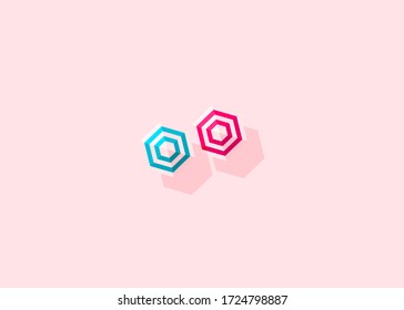 Top view of a striped parasol on pink background. Creative minimal composition, flat lay