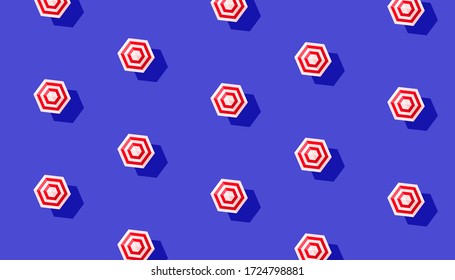 Top view of striped pink white sun umbrellas pattern on purple background. Creative minimal composition, flat lay