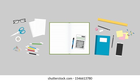 Top View of Student Accountan Desk Table with Stationery Stuff