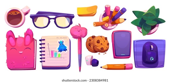 Top view student work desk education design set with isolated cute fluffy notebook, phone, glasses, mouse and pencil. Workspace table interior elements collection for creative digital home learning