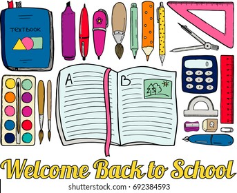 Top view of a students desk with well arranged school equipment tools like pens pencils rulers and other stationery. Hand drawn sketch, cartoon colorful design. Welcome back to school title.