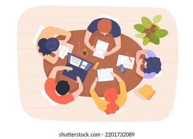 Top view of students studying for exams together in class. Adult people sitting at table, writing and learning, university or college group project flat vector illustration. Education concept