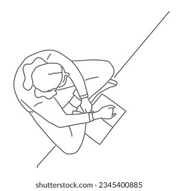 Top view of students, woman with book. Hand drawn vector illustration. Black and white.