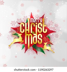 Top view of stylish lettering of Merry Christmas, flower, baubles and gift boxes. Can be used as greeting card design.
