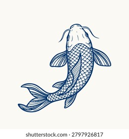Top view of a stylized blue koi fish swimming. Detailed hand-drawn Japanese linework with intricate scales and fins. Isolated on a light background.