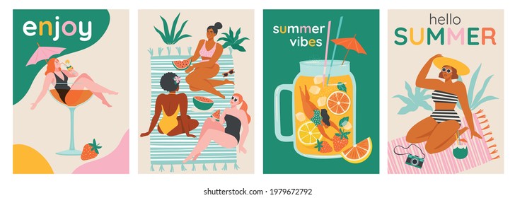 Top view of a summer background. Summer swimming, swimming, diving in a huge glass of cocktail or smoothie. Women relaxing at the beach. Vector cards, poster design illustration.