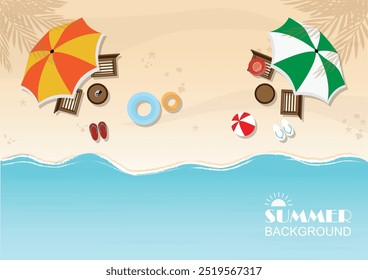 Top view of summer background with umbrellas, beach blanket and sea.Aerial view of summer beach, vector illustration.