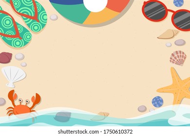 Top view of summer banner template decoration with objects on beach background.