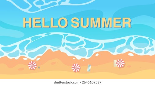 Top view summer beach background with umbrella and sea wave. Summer concept. Vector illustration.