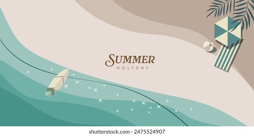 Top view summer beach banner. Abstract holiday season summer sea background with palm leaves, beach ball, umbrella and surfboard