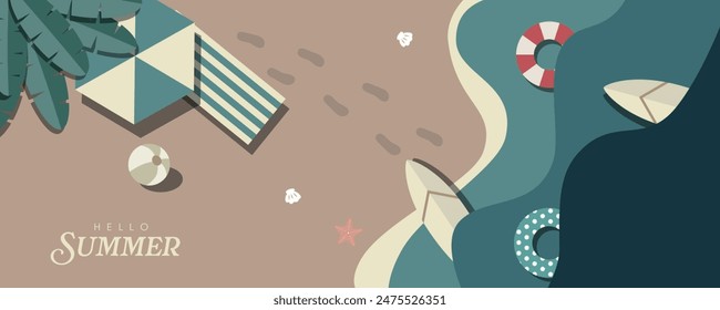 Summer Beach Top View, Hola Anuncio de verano con Elementos de playa