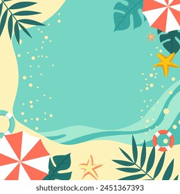 Top View of Summer Beach Pool Frame Background for Holiday Vacation with Leaves