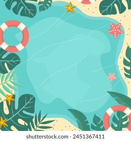 Top View of Summer Beach Pool Frame Background for Holiday Vacation with Leaves