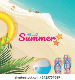 Top view of summer beach scene background decorated with beachball, seashell and sandals, beach sandals. Vector illustration.