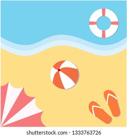 Top view summer beach with umbrellas, ball, swim ring, sandals and sea. Design by Inkscape