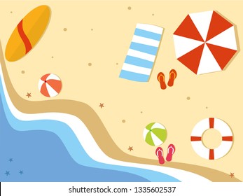 Top view summer beach with umbrellas, towel, surfboard, ball, swim ring, sandals and sea. Design by Inkscape.