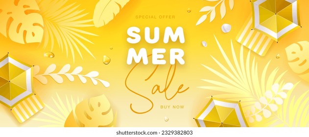 Top view summer big sale tropical banner with tropic leaves and beach umbrella. Summertime background. Vector illustration
