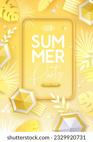 Top view summer big sale tropical banner with tropic leaves and beach umbrella. Summertime background. Vector illustration