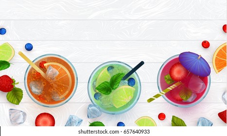 Top view of summer dinks, fruit cocktails on white wood table with berries, mint leaves, ice cubes, wooden texture, hand drawn elements, vector illustration.