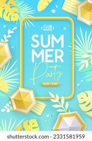 Top view summer disco party tropical poster with tropic leaves and beach umbrella. Summertime background. Vector illustration