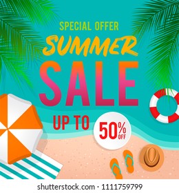 Top view of summer elements illustration for sale banner, poster, flyer, invitation card template.