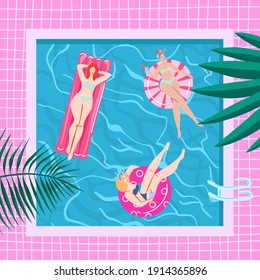 Top view, summer, holiday poster. Girls swim, relax, have fun in the pool.
Invitation card summer pool party concept. Summertime vector illustration. Flat design. 

