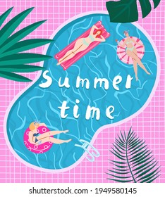 Top view, summer, holiday poster. Girls swim, relax, have fun in the pool.
Invitation card summer pool party concept. Summertime vector illustration. Flat design. 