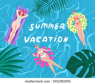 Top view, summer, holiday poster. Girls swim, relax, have fun in the pool.
Invitation card summer pool party concept. Summertime vector illustration. Flat design. 