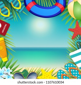 Top view of summer holidays border frame template with copy space. Vacation tropical beach accessories and palm leaves with sunglasses, sea stars, lifebuoy, flip flops, ball on seaside background.