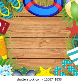 Top view of summer holidays border frame template with copy space. Vacation tropical beach accessories and palm leaves with sunglasses, sea stars, lifebuoy, flip flops, ball on wooden background.