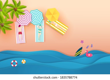 Top view summer holidays concept background with happy woman on the beach.