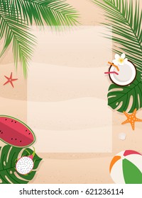 Top view of summer holidays illustration on sand background with copy space
