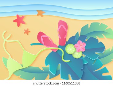 Top view of summer holidays poster illustration with bra, sea star, slippers, palm tropical leaves and flowers.