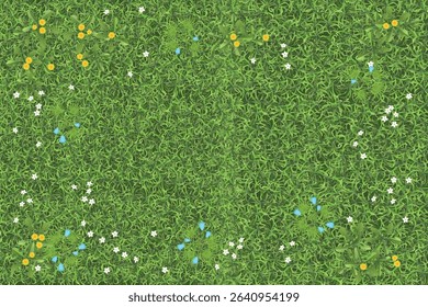 Top view of summer meadow with lush green natural grass and flowers. View from above. Abstract texture of green grass with white, yellow and blue flowers. Aerial.