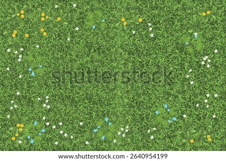 Top view of summer meadow with lush green natural grass and flowers. View from above. Abstract texture of green grass with white, yellow and blue flowers. Aerial.