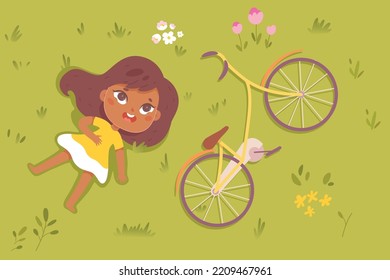 Top view of summer park with girl lying on green grass near bicycle vector illustration. Cartoon happy child character looking up, camping on field background. Picnic, nature, childhood concept
