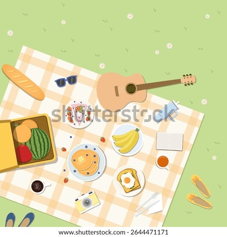 A top view of a summer picnic with orange mat and various foods on green grass. Vector illustration in flat design style.