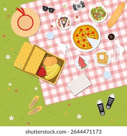 A top view of a summer picnic with a red mat and various foods. Vector illustration in flat design style.