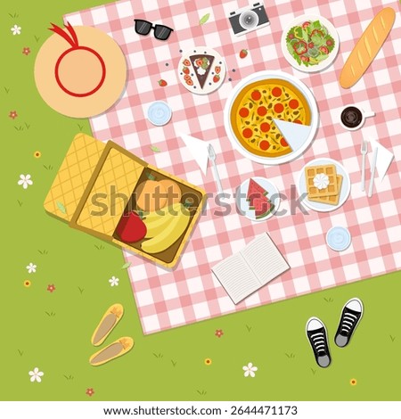 A top view of a summer picnic with a red mat and various foods. Vector illustration in flat design style.