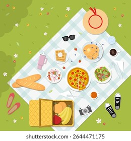 A top view of a summer picnic with various foods on green grass. Vector illustration in flat design style.