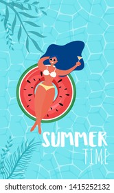 Top view of summer pool party. Summer time hot sale advertising design with girl on rubber ring in swimming pool. Vector Illustration.