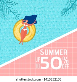 Top view of summer pool party. Summer time hot sale advertising design with girl on rubber ring in swimming pool. Vector Illustration.