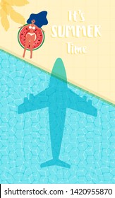 Top view of summer pool party. Summer time hot sale advertising design with girl on rubber ring in swimming pool. Vector Illustration.