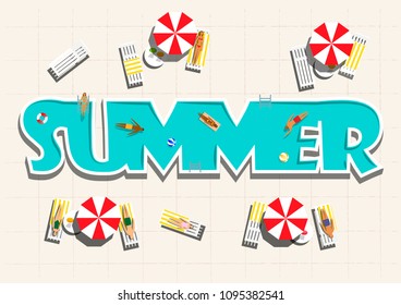 top view summer pool and people, horizontal vector illustration