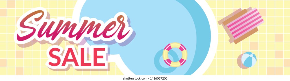 Top view Summer Sale Banner swimming pool with beach chair,pool float, beach ball-Vector