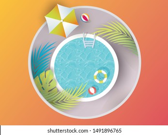 Top view Summer Sale Banner. swimming pool, umbrellas, balls, swim ring for Poster, Flyer, Vector.