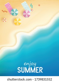 Top view summer sea and beach background with umbrellas,balls,starfish,sandals, aerial view of summer beach vector design.