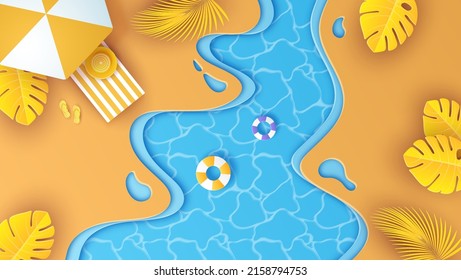 top view summer of sea beach with swim ring, sandals, hat placed on the beach and tropical tree. paper cut and craft style. vector, illustration.