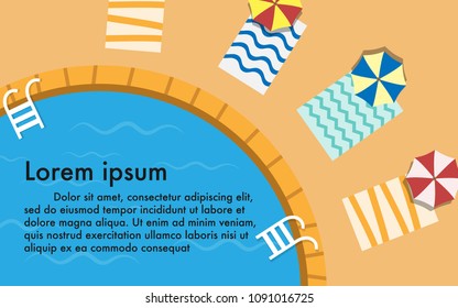 Top view of summer swimming pool with copy space in the pool surrounding with beach umbrellas and beach towel for tropical summer wallpaper,background or backdrop or sale promotion advertising